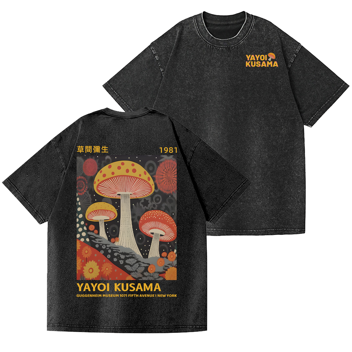 Unisex Yayoi Kusama Mushroom Vintage Wash Japanese Design Back Art T-Shirt