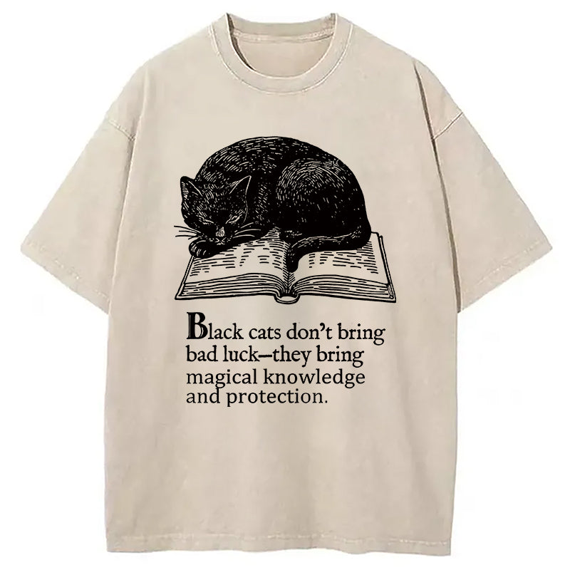 Black Cat Sleeping On A Book Washed T-Shirt