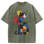 Unisex Mondrian Cat Washed T-Shirt
