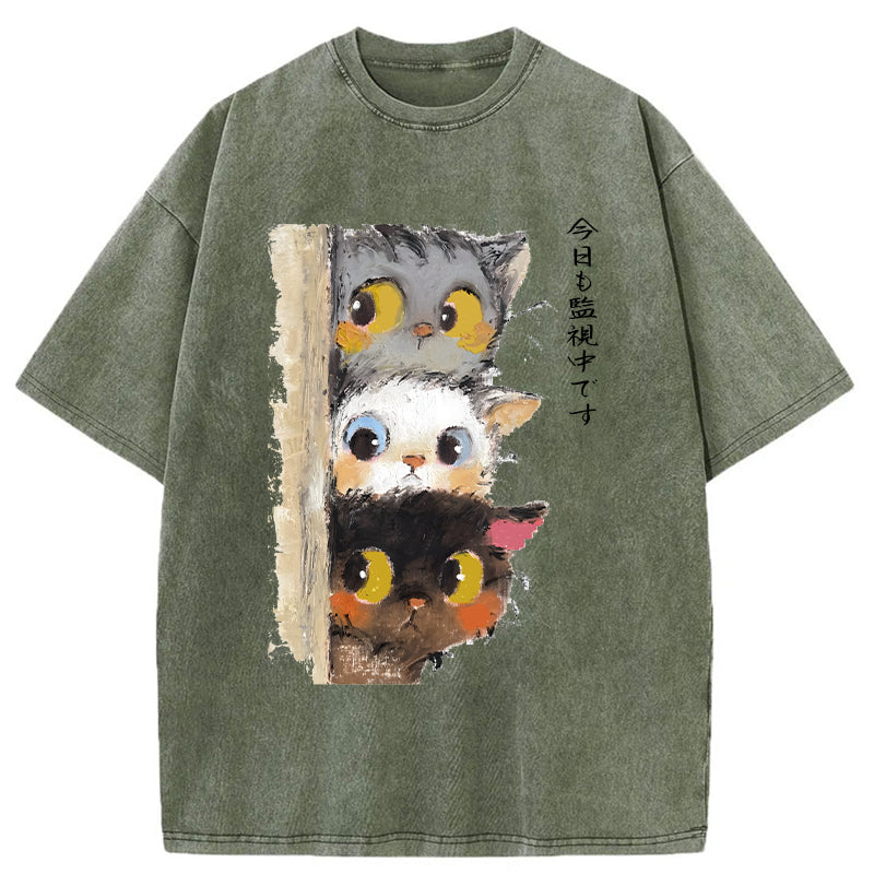 Unisex Three Cats Secretly Monitor Their Owner Washed T-Shirt