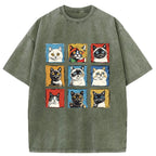 Unisex Pop Art Cat Washed T-Shirt