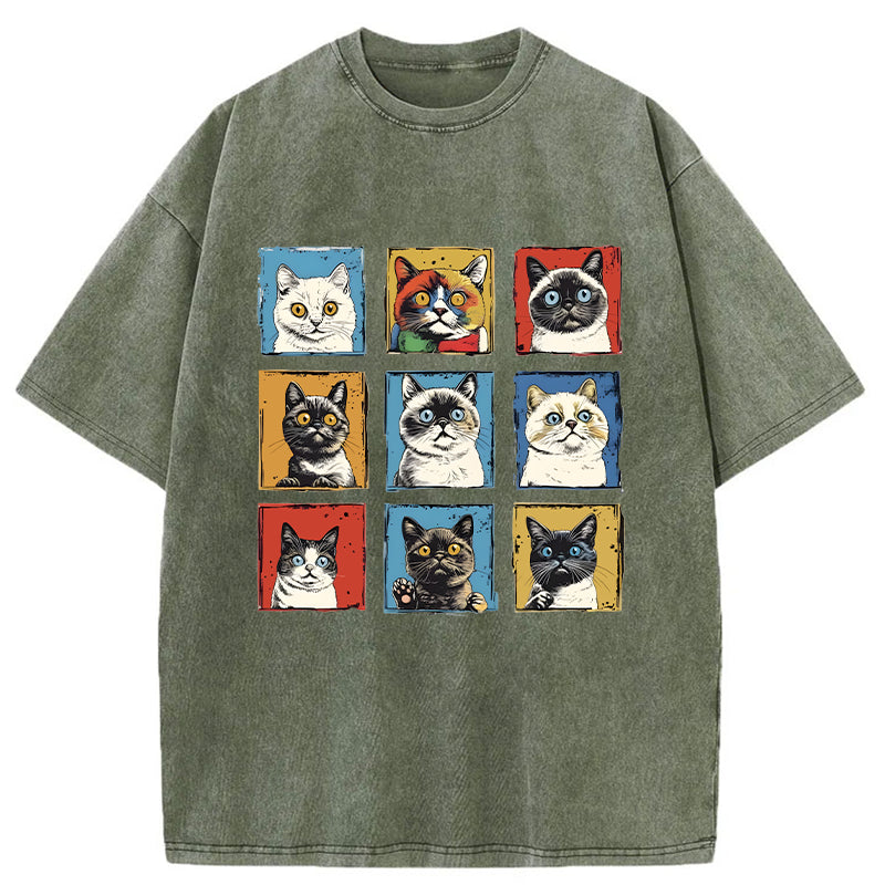 Unisex Pop Art Cat Washed T-Shirt