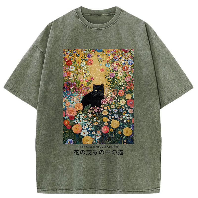 Unisex Black Cat In The Flower Bushes Washed T-Shirt