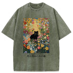 Unisex Black Cat In The Flower Bushes Washed T-Shirt