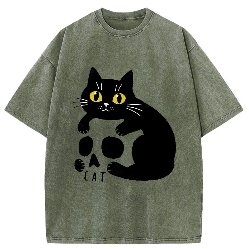 Unisex Cat And Skull Japan Washed T-Shirt