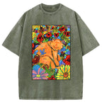 Unisex Colorful Orange Cats And Flowers Washed T-Shirt