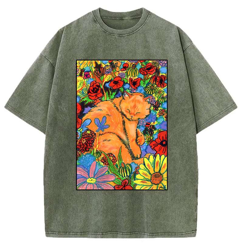 Unisex Colorful Orange Cats And Flowers Washed T-Shirt