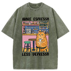 Unisex Orange Cat Drinking Espresso Washed T-Shirt