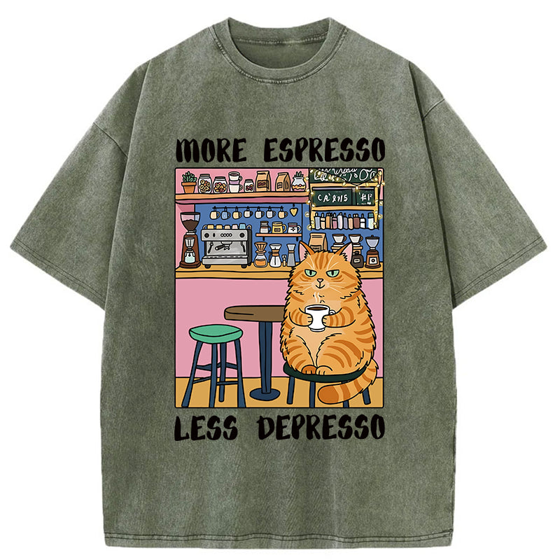 Unisex Orange Cat Drinking Espresso Washed T-Shirt
