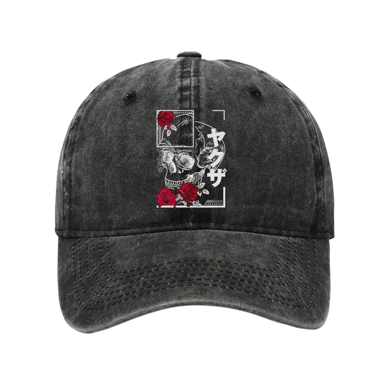 Skull Roses Japanese Aesthetic Washed Cap
