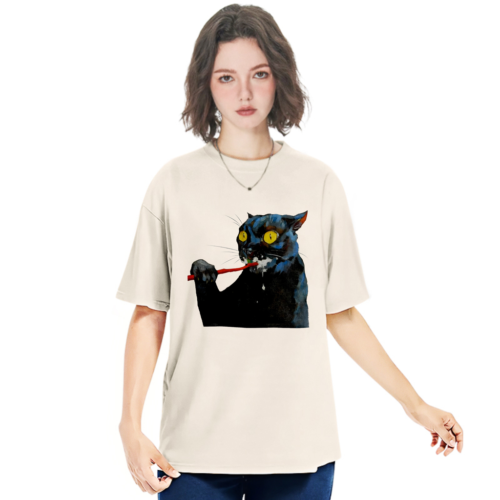 Brushing Cat Art Print Washed T-Shirt