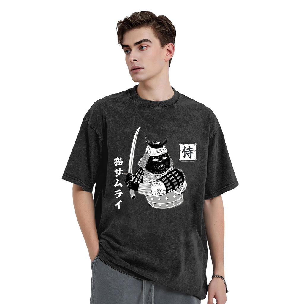 Cat Samurai With Sword Washed T-Shirt