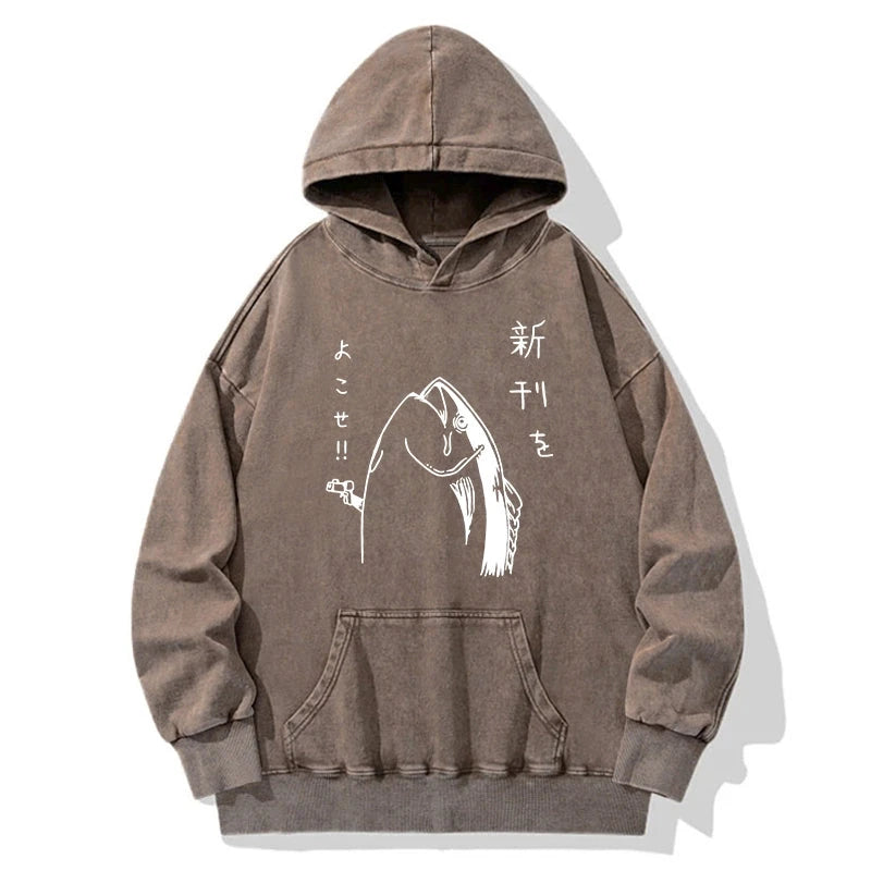 Japanese Fish Hold Up White Washed Hoodie