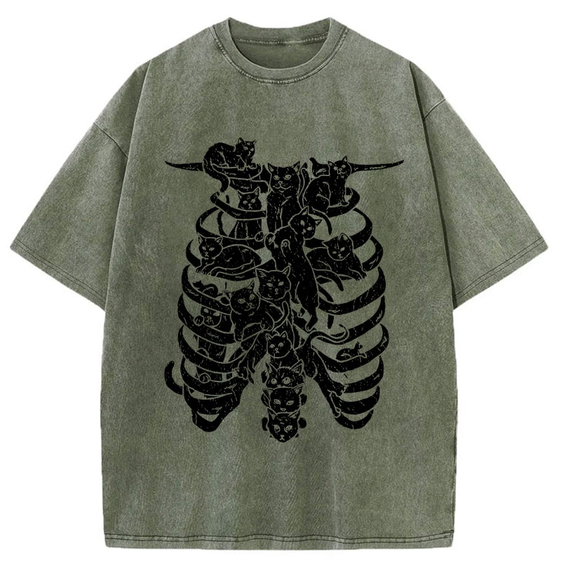 Cat Lying On The Skeleton Washed T-Shirt