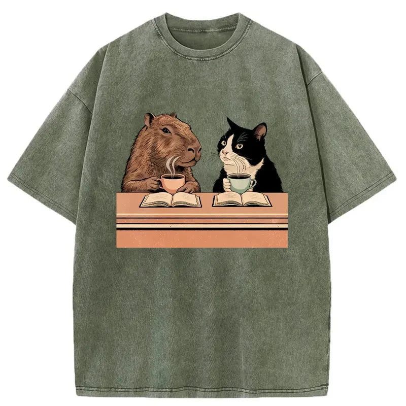 Capybara And Cat Talk Washed T-Shirt