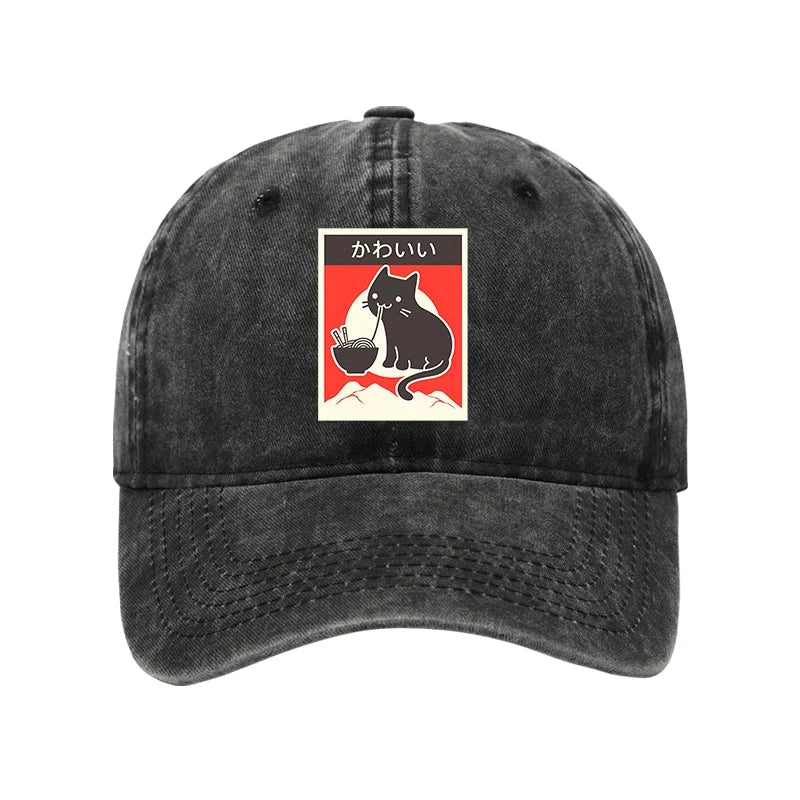 "Kawaii" Vintage Style Japenese Ramen Cat Washed Cap