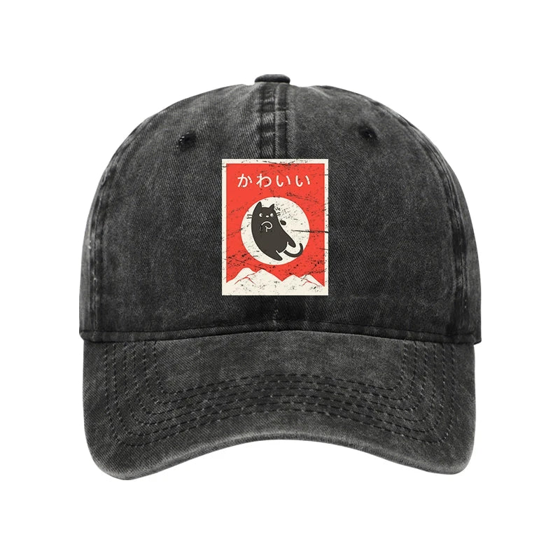 Cute Black Cat Japanese Washed Cap