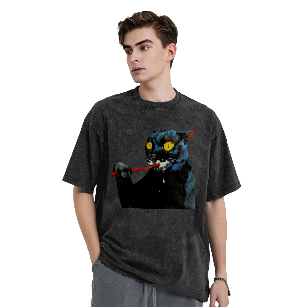 Brushing Cat Art Print Washed T-Shirt