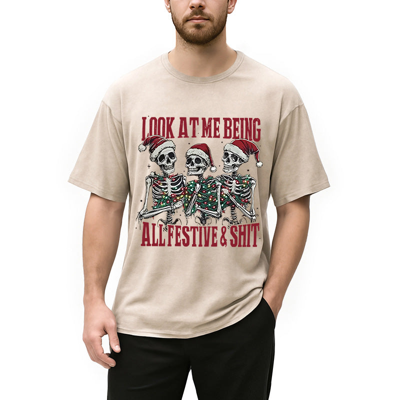 Funny Christmas Skull Washed T-Shirt