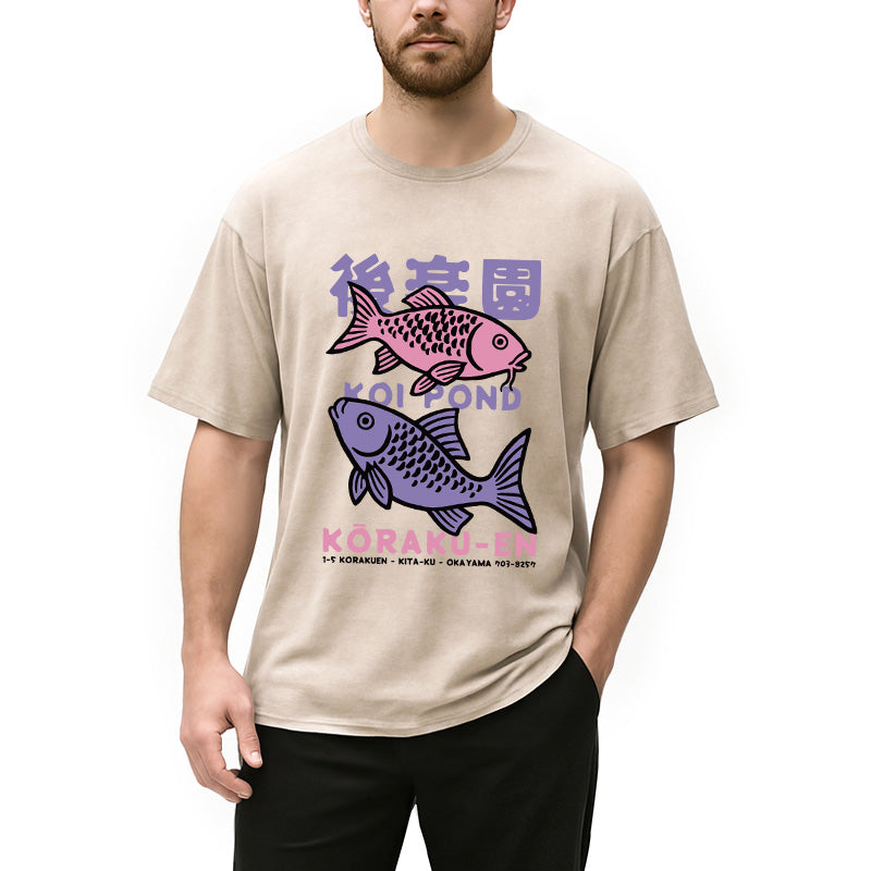 Koi Fish Pond Japanese Washed T-Shirt