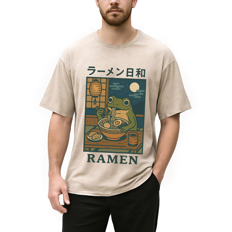 Japanese Frog Eating Ramen Washed T-Shirt