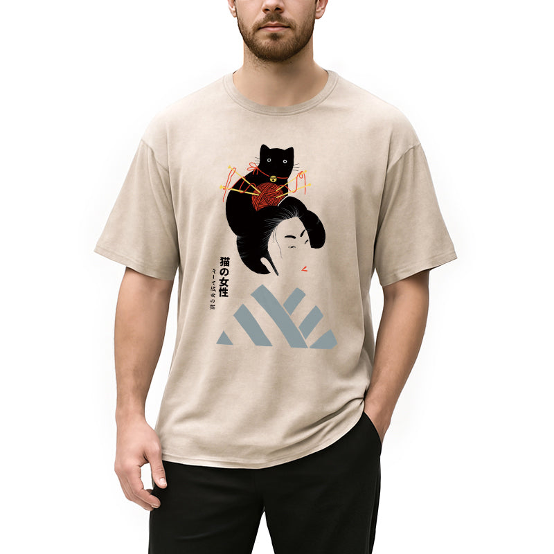 Geisha And Cat Washed T-Shirt