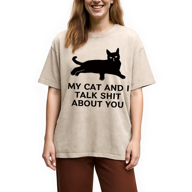 Gossiping Black Cat Washed T-Shirt