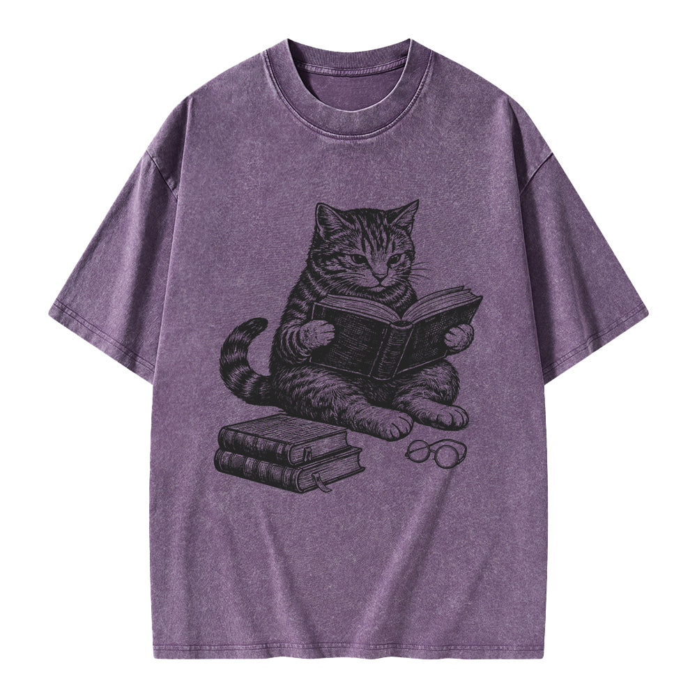 Unisex Cat Reading Book Printed Washed Tee