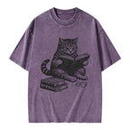 Unisex Cat Reading Book Printed Washed Tee