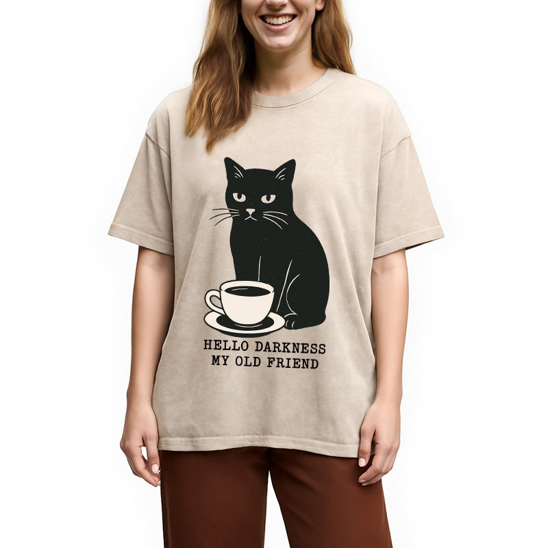 Black Cat Drinking Coffee Washed T-Shirt