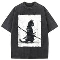 Retro Cat Samurai Japanese Washed T-Shirt