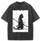 Retro Cat Samurai Japanese Washed T-Shirt
