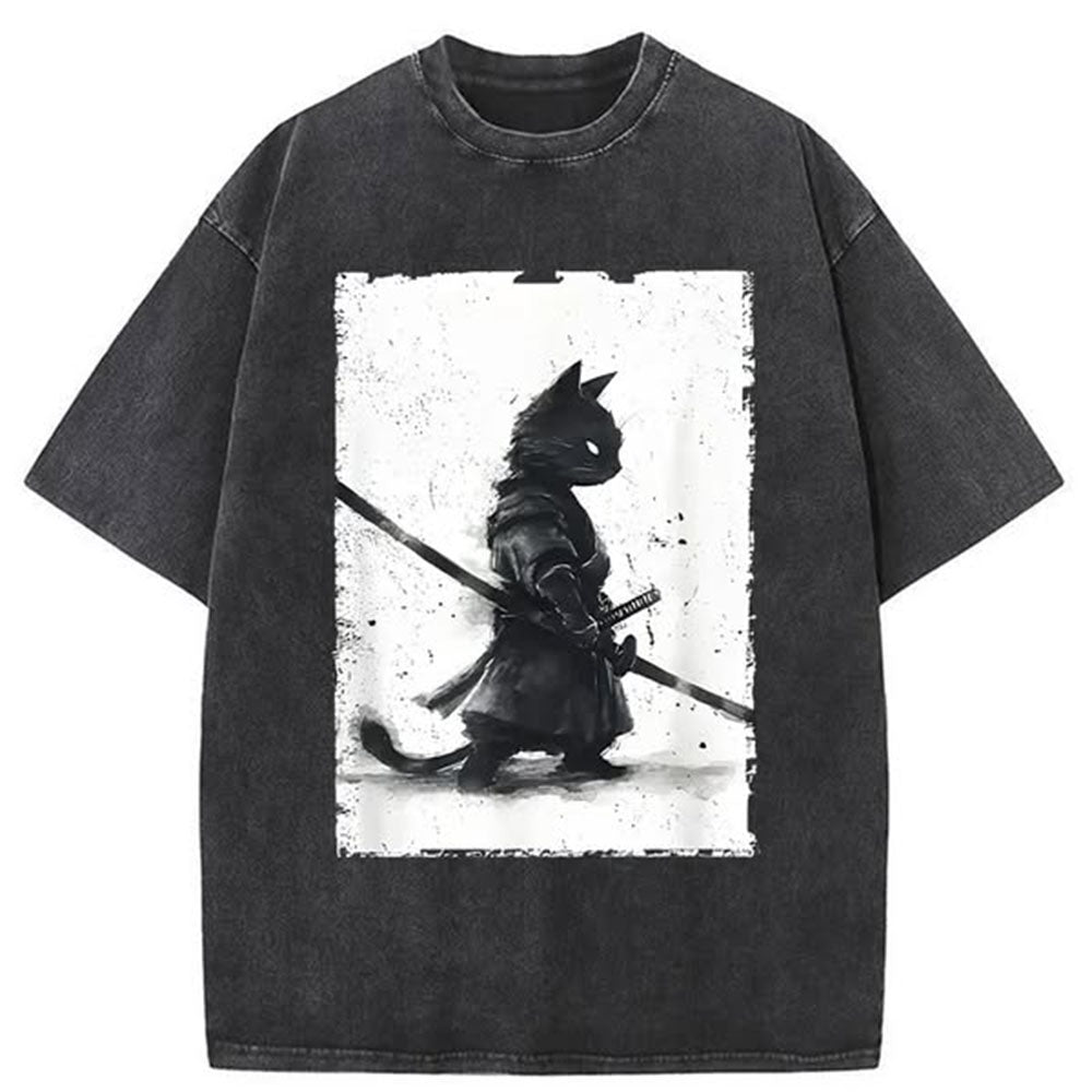 Retro Cat Samurai Japanese Washed T-Shirt