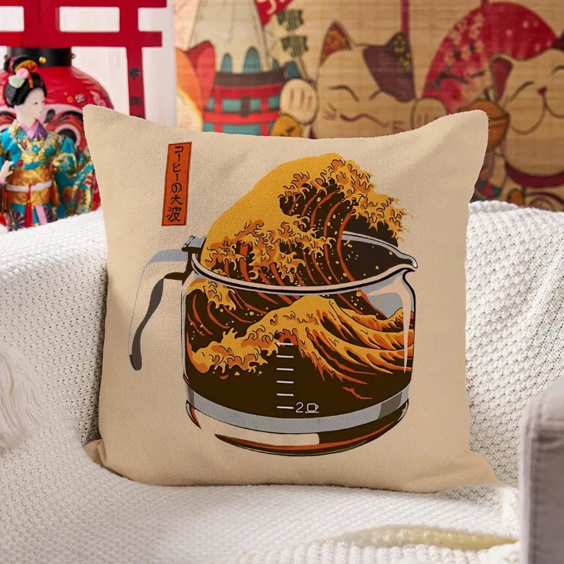 The Great Wave Of Coffee Japanese Cushion Pillow