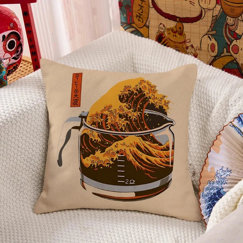 The Great Wave Of Coffee Japanese Cushion Pillow