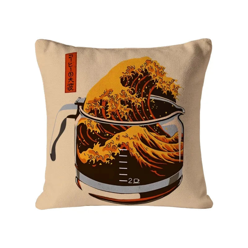 The Great Wave Of Coffee Japanese Cushion Pillow