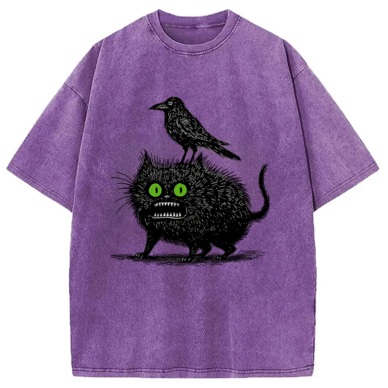 Crow And Black Cat Washed T-Shirt