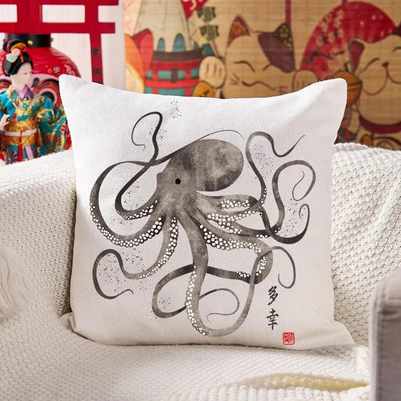 Octopus Japanese Calligraphy Cushion Pillow