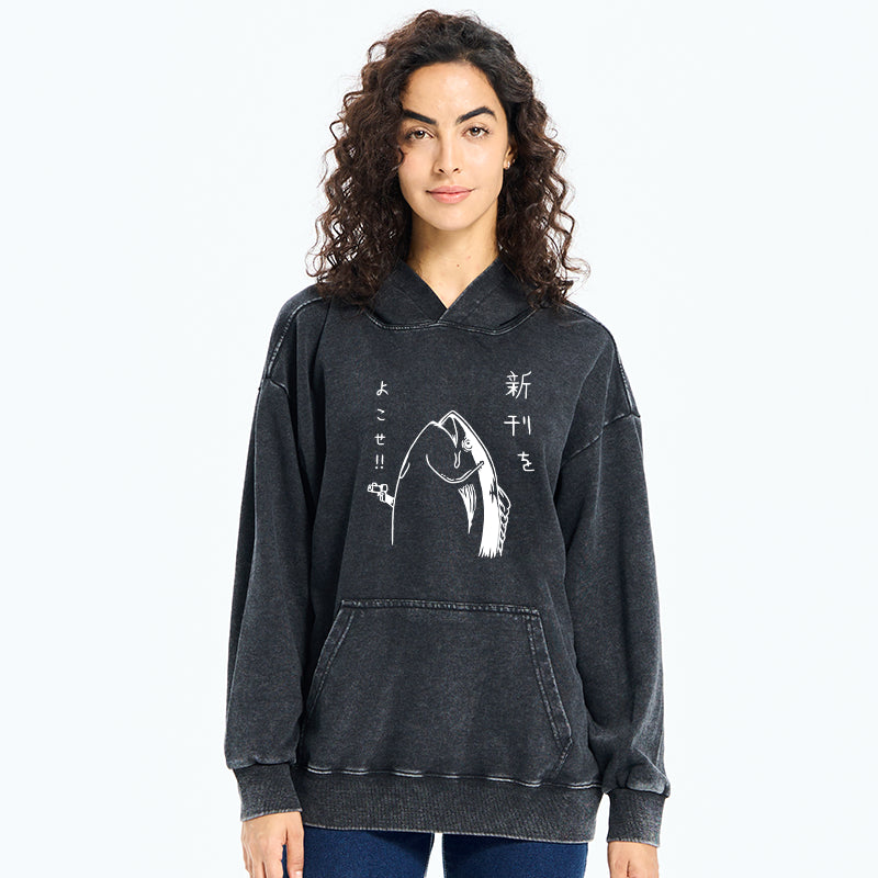 Japanese Fish Hold Up White Washed Hoodie
