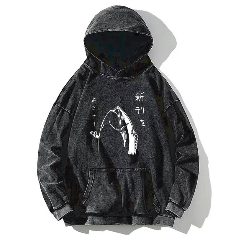 Japanese Fish Hold Up White Washed Hoodie