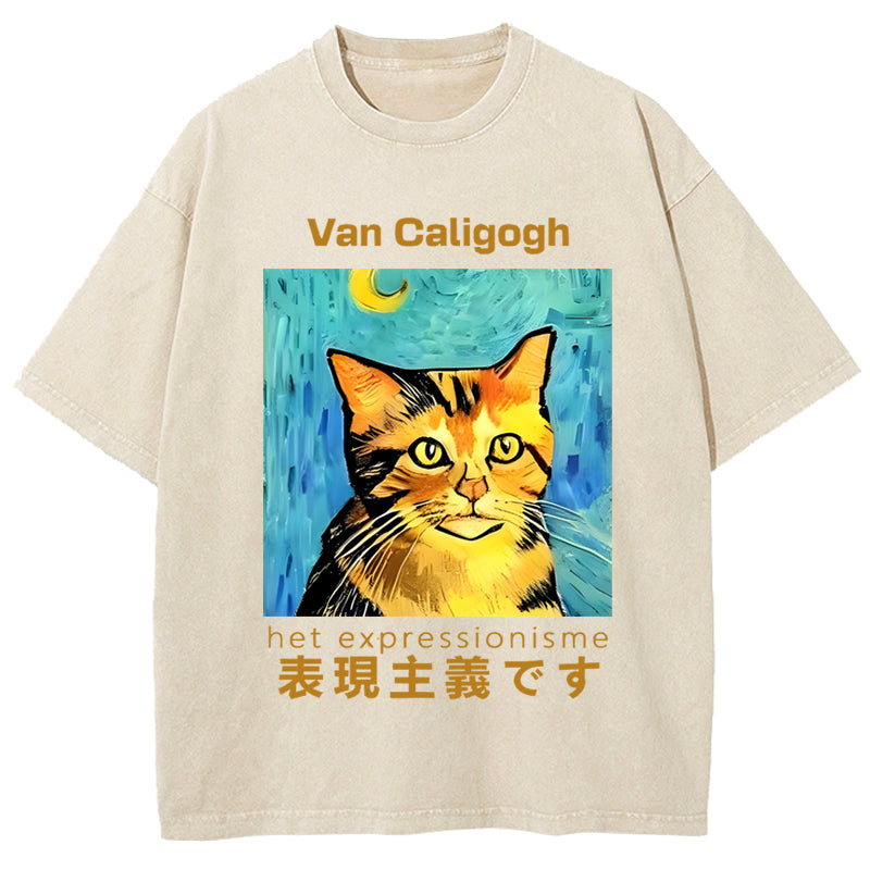 Cat Van Caligogh Vintage Wash Japanese Design T-Shirt