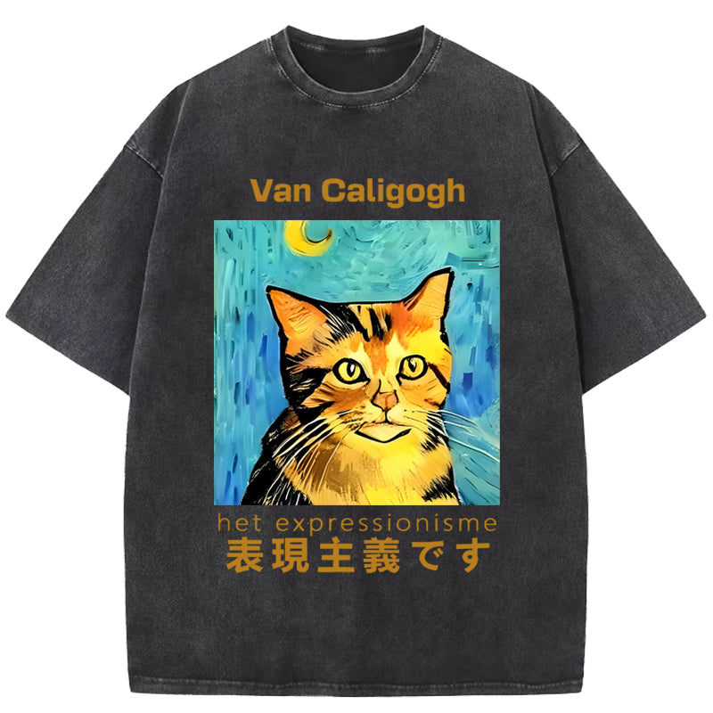 Cat Van Caligogh Vintage Wash Japanese Design T-Shirt