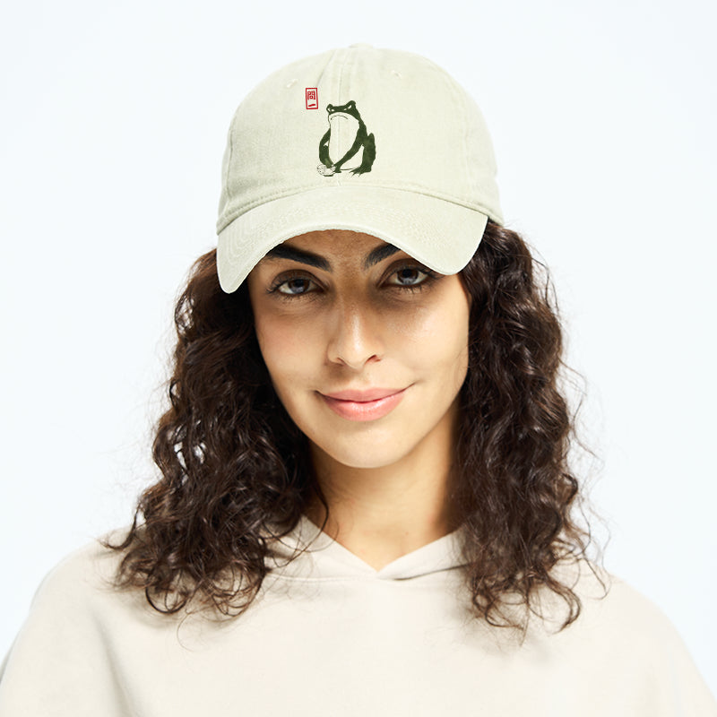 Woodblock Print Frog Washed Cap