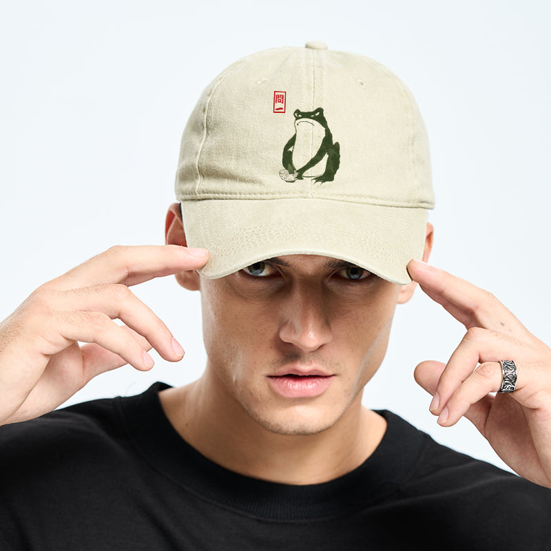 Woodblock Print Frog Washed Cap