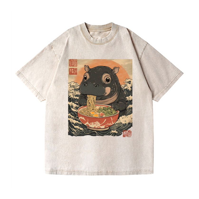 Ramen Hippo Ukiyoe Wave Vintage Wash Japanese Design T-Shirt