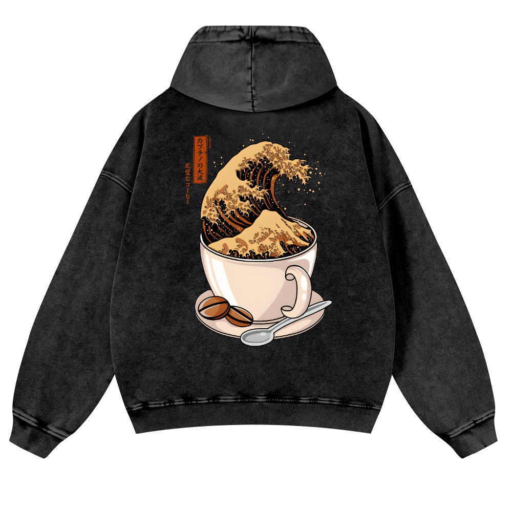 Coffee Wave Vintage Washed Cotton Back Art Hoodie
