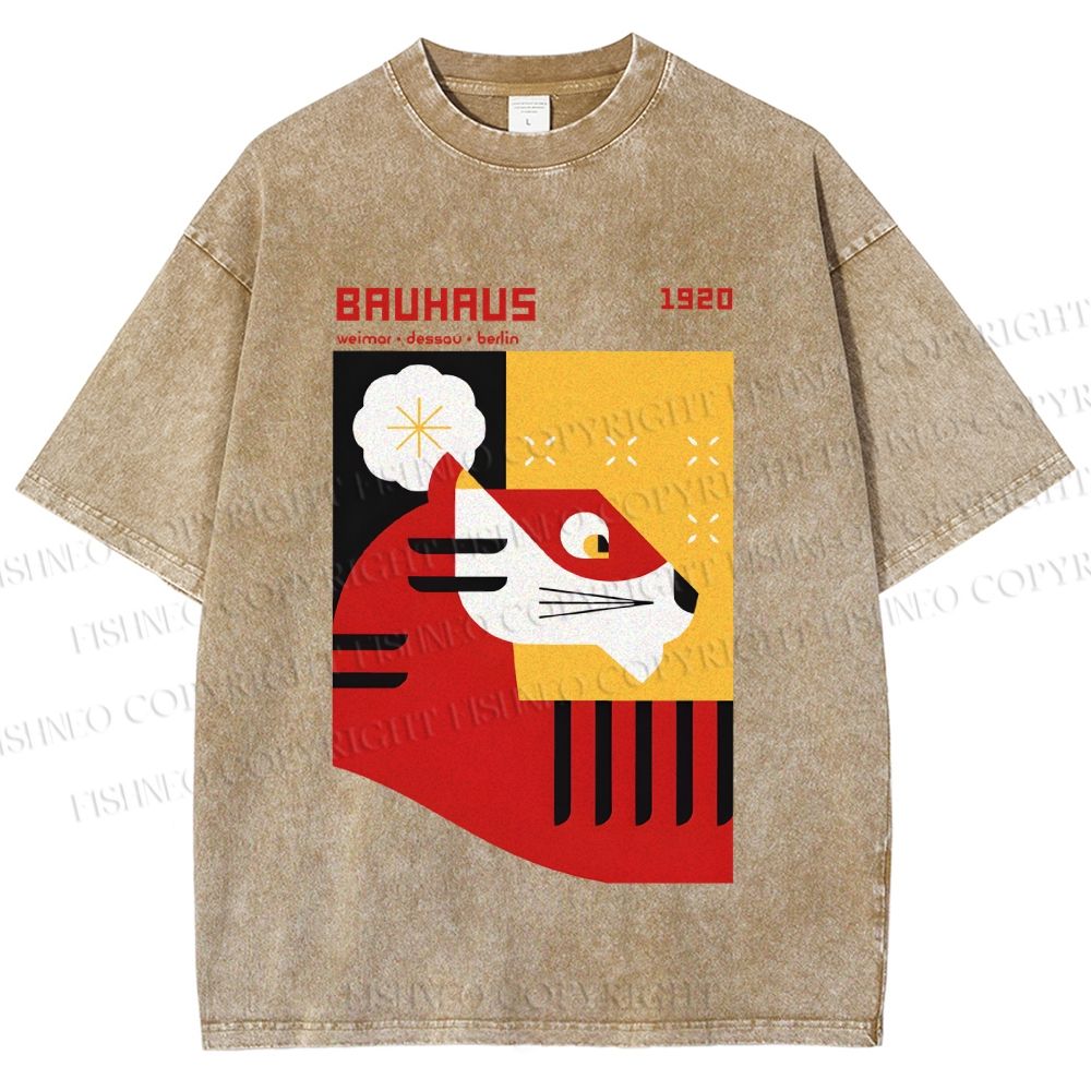 Unisex Bauhaus Red Tiger Printed Washed Tee