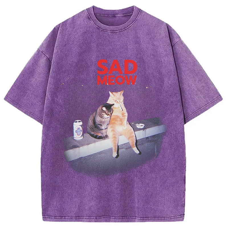 Sad Meow Smoking Cat Washed T-Shirt