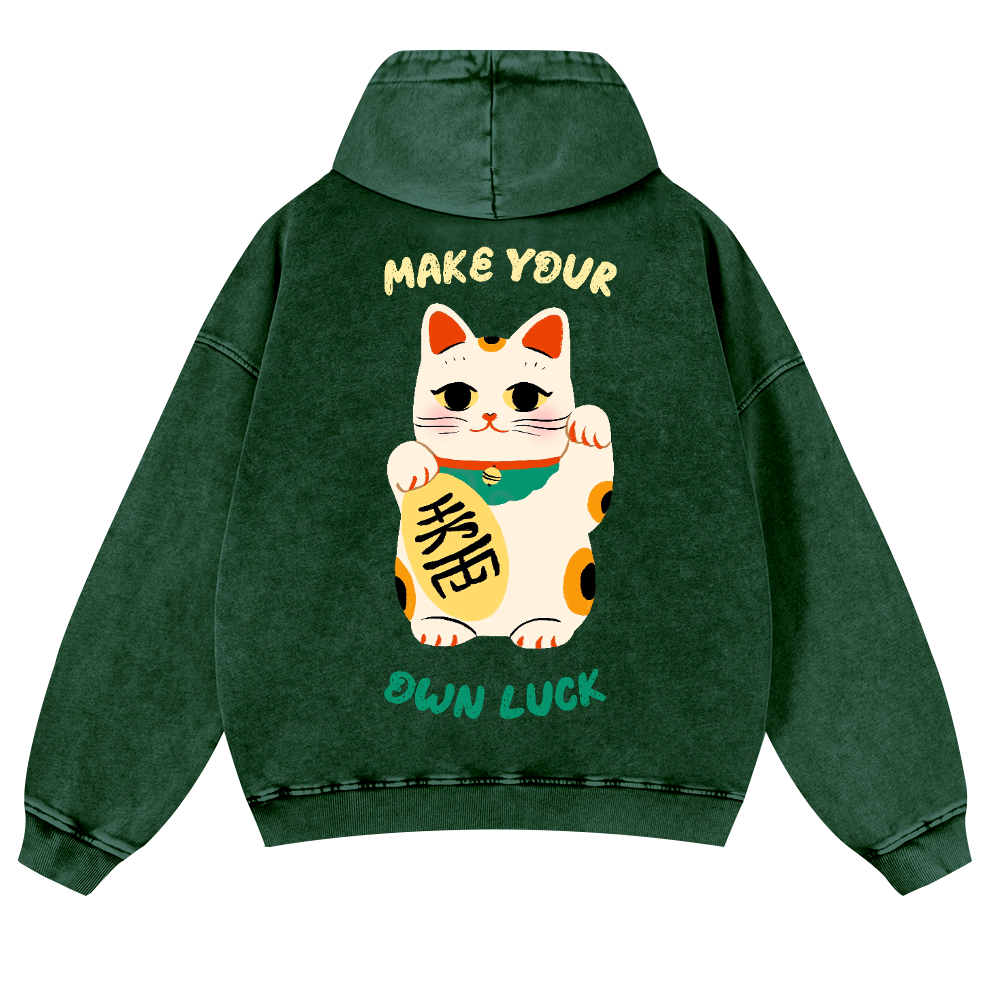 Lucky Cat Vintage Washed Cotton Back Art Hoodie