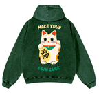 Lucky Cat Vintage Washed Cotton Back Art Hoodie